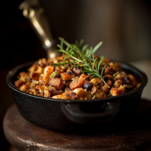 A warm, comforting dish of Thanksgiving-style Bread Out Overnight for Stuffing herbs, and spices.