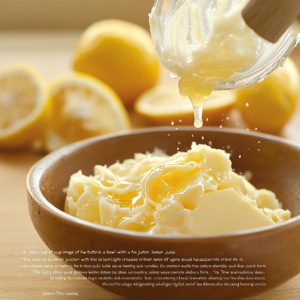 butter in a bowl with fresh lemon juice being squeezed into it, showing the beginning of curdling. lemon juice curdles butter