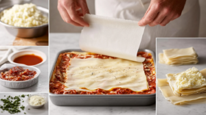 A step-by-step demonstration of lining a lasagna pan with parchment paper, including cutting the paper to size, smoothing it into the corners, and layering pasta, sauce, and cheese on top. The setup is bright, clean, and minimalistic, highlighting each step of the process.
