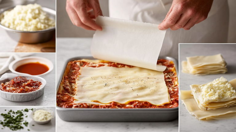 A step-by-step demonstration of lining a lasagna pan with parchment paper, including cutting the paper to size, smoothing it into the corners, and layering pasta, sauce, and cheese on top. The setup is bright, clean, and minimalistic, highlighting each step of the process.
