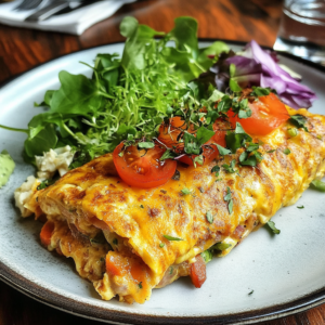 A savory turkey omelet filled with shredded turkey, spinach, and bell peppers, served on a white plate with a side of toast. Is Turkey Good for Breakfast