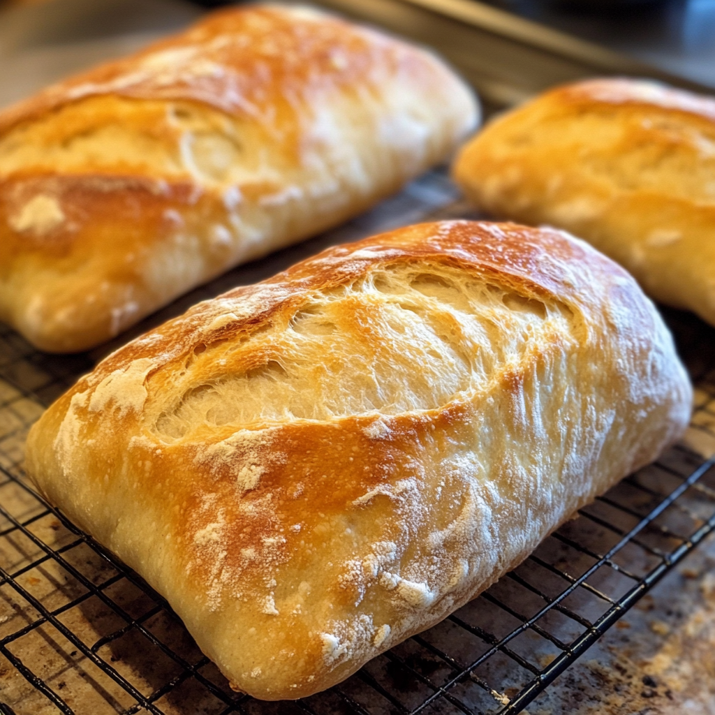 Freshly baked ciabatta bread for turkey sandwich with a crispy golden crust and airy interior, sliced and arranged on a wooden cutting board.
