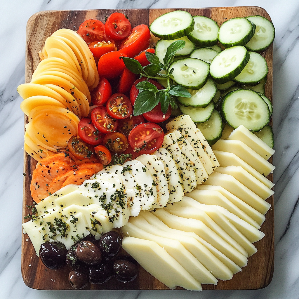 Assorted healthy cheese options including low-fat mozzarella, Swiss, goat cheese, and feta displayed on a wooden board with fresh herbs and vegetables you could use for turkey sandwich