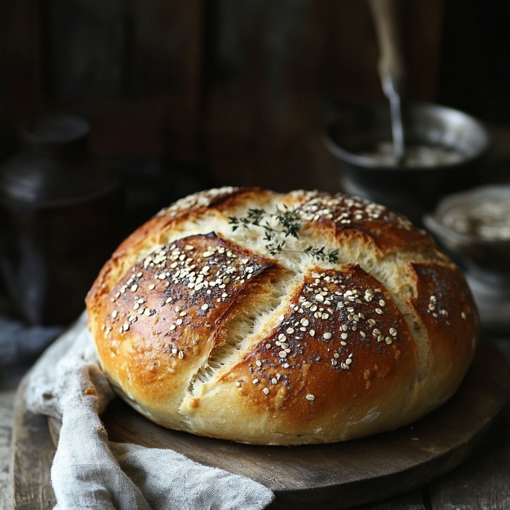 A freshly baked loaf for turkey sandwich of sourdough bread with a golden crust, on a wooden cutting board, surrounded by a rustic kitchen setting.