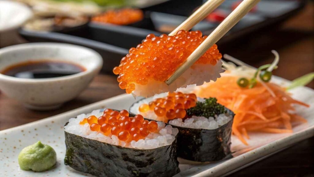 Vibrant Orange Tobiko (flying Fish Roe) Delicately Placed Atop A Piece Of Sushi.