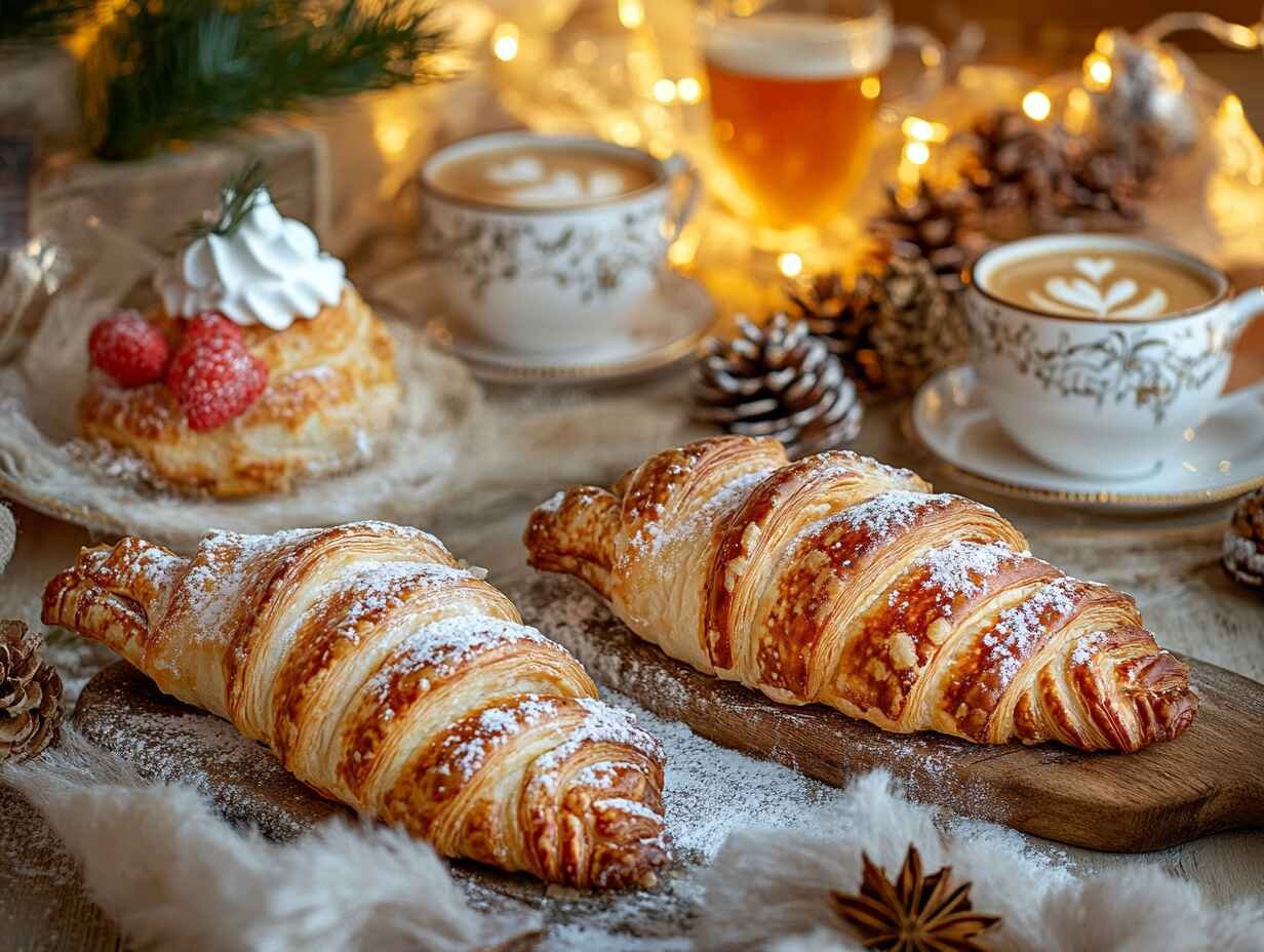 A Beautifully Styled Table Showcasing Golden Flaky Lobster Tail Pastries Paired With A Beverages.