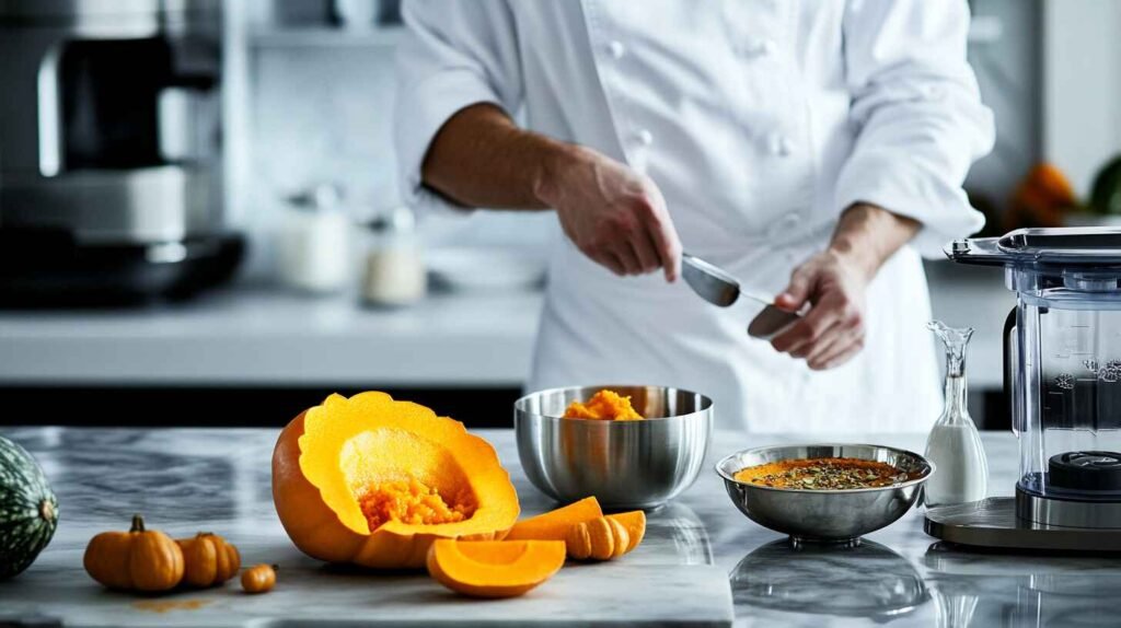 A Chef In A White Coat Prepares Squash For Pumpkin Pie Recipe On A Marble Countertop, Surrounded By Spices And Cooking Tools.