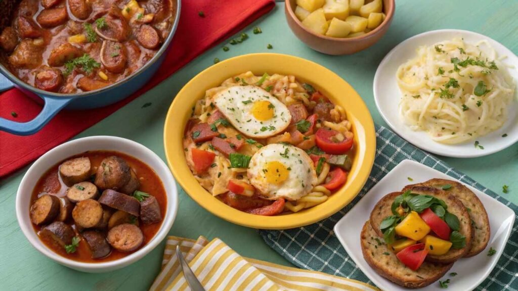A Colorful Table Spread Featuring A Variety Of Dishes Made With Smoked Sausage