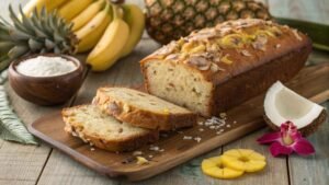 A Freshly Baked Loaf Of Hawaiian Banana Bread recipe Sliced Open, Revealing Its Moist Texture With Visible Chunks Of Banana, Crushed Pineapple, And Strands Of Shredded Coconut.