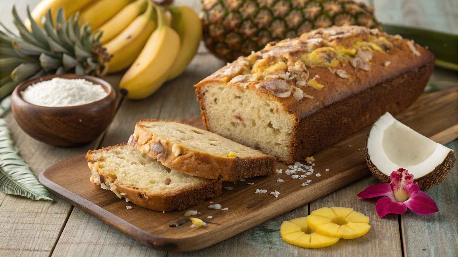 A Freshly Baked Loaf Of Hawaiian Banana Bread recipe Sliced Open, Revealing Its Moist Texture With Visible Chunks Of Banana, Crushed Pineapple, And Strands Of Shredded Coconut.