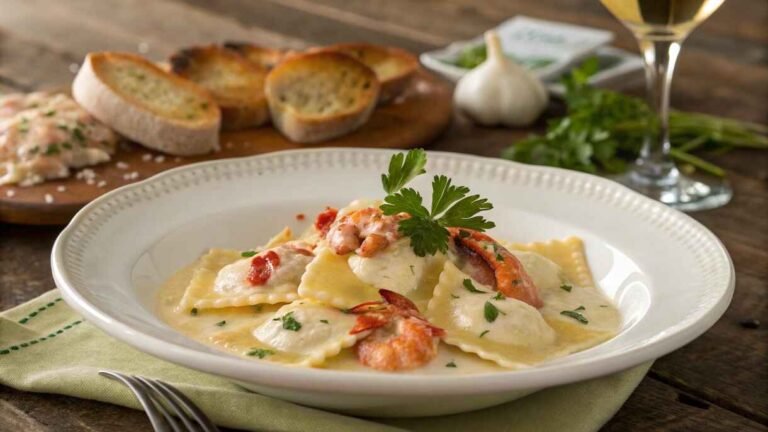 A Gourmet Plate Of Lobster Ravioli On A White Ceramic Dish, Topped With Creamy Alfredo Sauce, Garnished With Fresh Parsley, And Served With A Side Of Garlic Bread