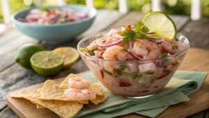 A Refreshing Bowl Of Langostino Ceviche Served In A Clear Glass Dish, Featuring Tender, Pink Langostino Pieces Marinated In Zesty Lime Juice.