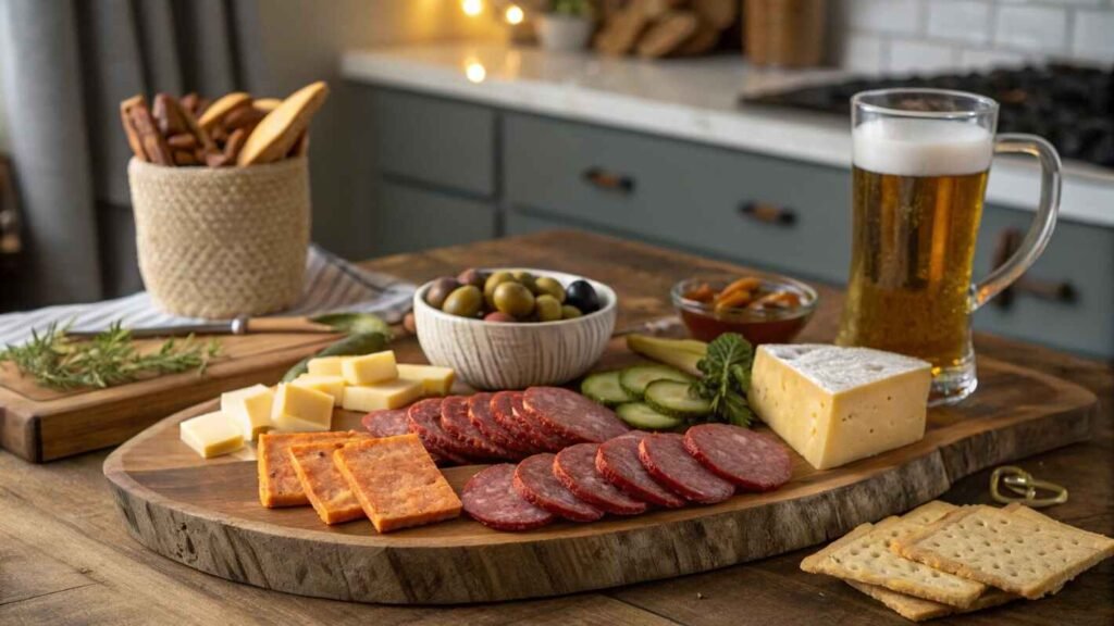 A Rustic Charcuterie Board Featuring Smoked Sausage Slices, Cheeses, Pickles, Olives, And Crackers,
