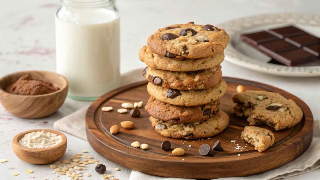 A Towering Stack Of Freshly Baked Protein Cookies Arranged On A Rustic Wooden Plate