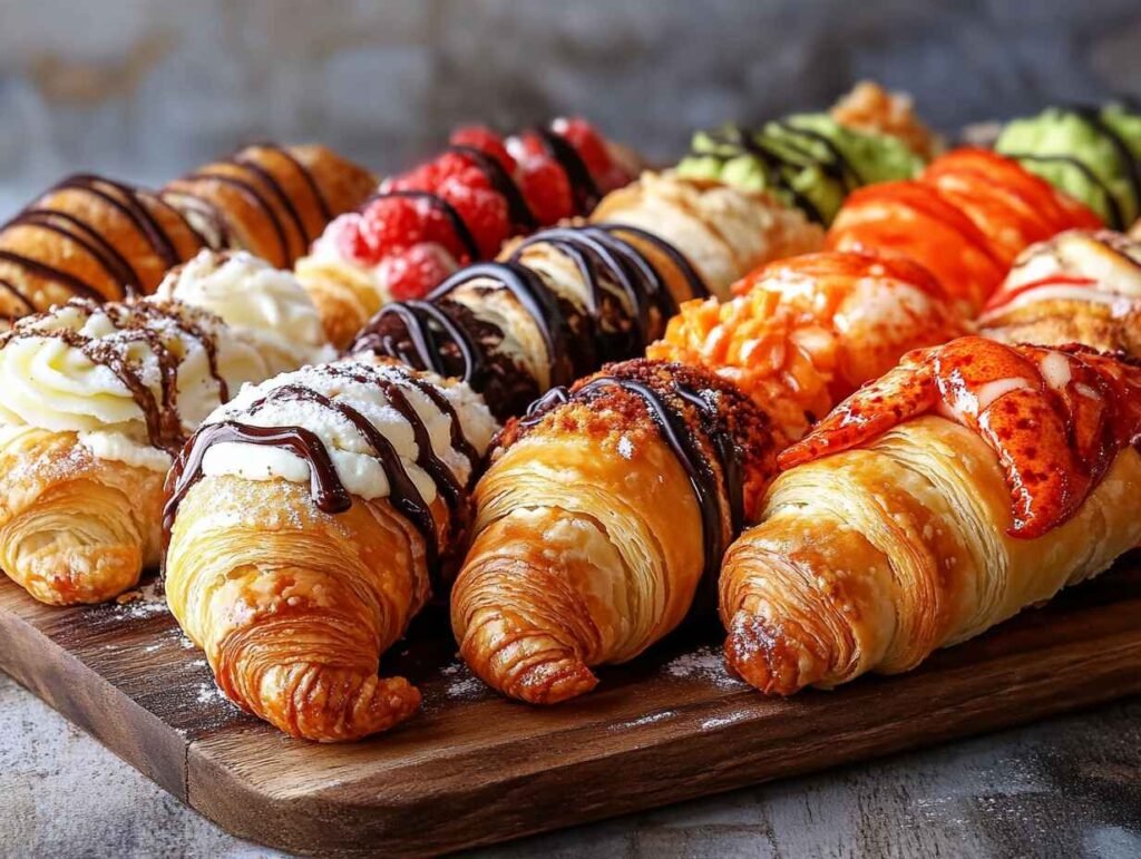 A Vibrant Assortment Of Flaky Lobster Tail Pastries Displayed On A Wooden Platter, Each Featuring Unique Variations.