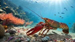 A Vibrant Underwater Scene Featuring A Close Up Of A Majestic Lobster claws With Its Large, Detailed Claws In Focus.