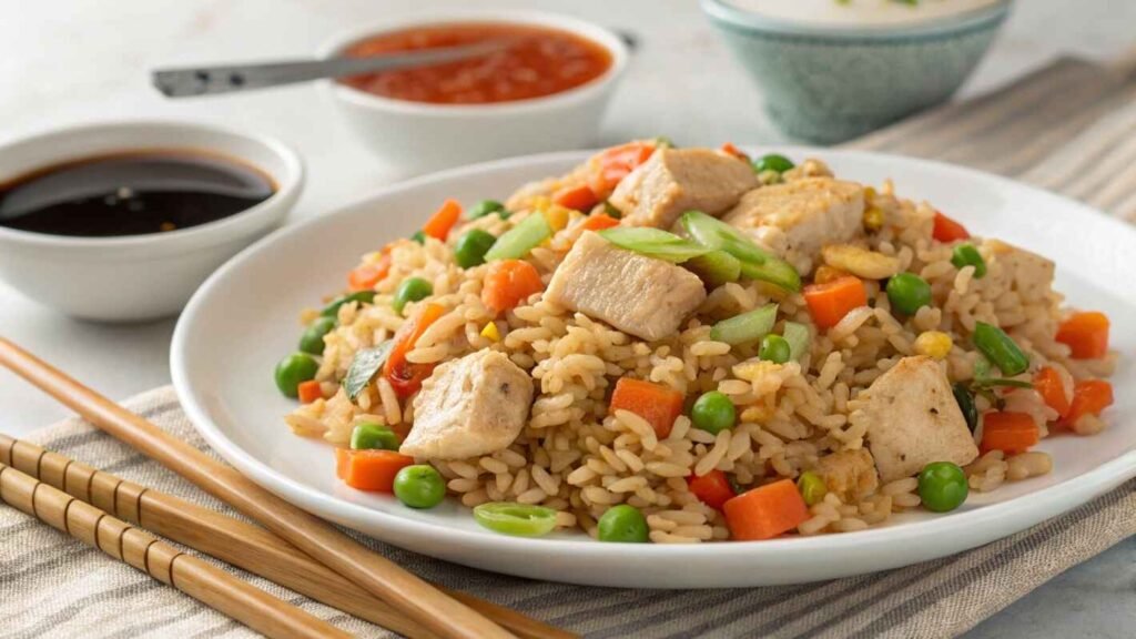 Benihana Chicken Fried Rice Served On A White Plate.