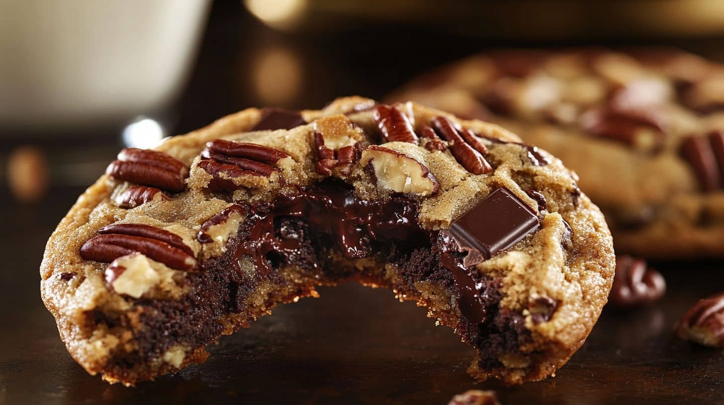 Close Up Of A Chocolate Chip Cookie Broken In Half, Showing Gooey Dark Chocolate And Pecans.
