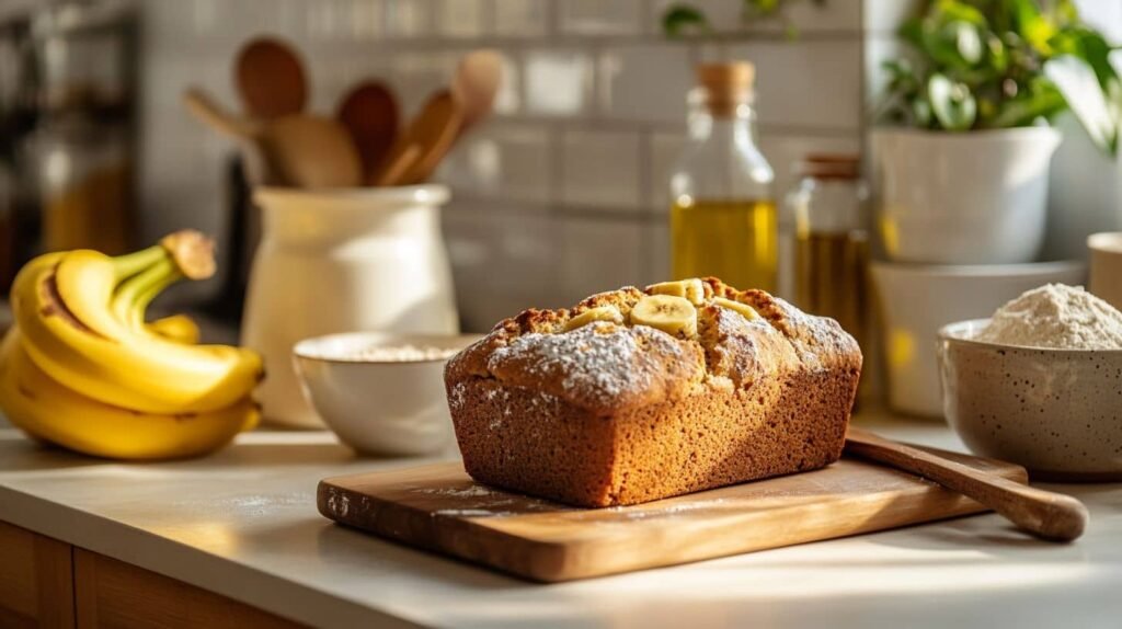 Cozy Kitchen With Freshly Baked Banana Bread On A Wooden Board, Complete With Rustic Baking Ingredients And Natural Lighting.
