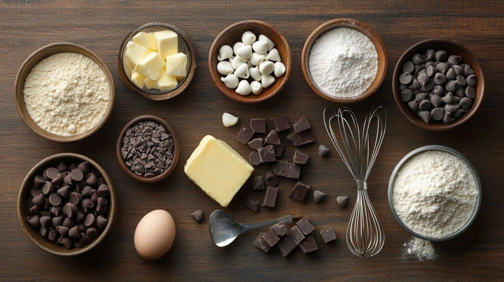 Flat Lay Of Chocolate Chip Cookie Ingredients On A Wooden Surface With Baking Tools.