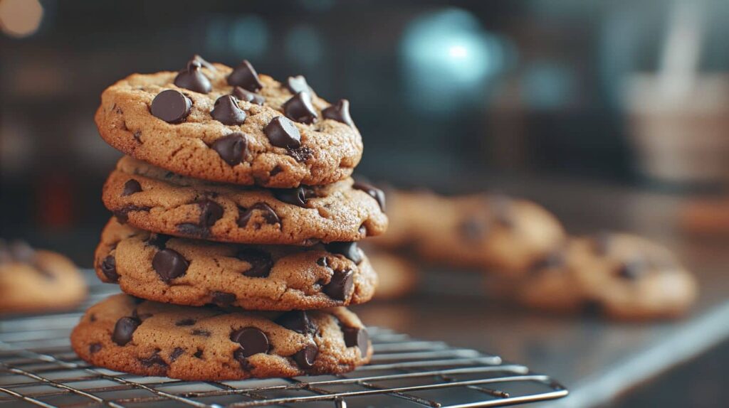 Stack Of Golden Brown Chocolate Chip Cookies On A Cooling Rack With Gooey Chocolate Chips And A Cozy Background.