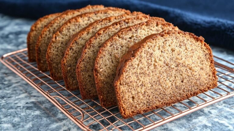 Stacked Slices Of Moist Banana Bread On A Rose Gold Cooling Rack, Set Against A Deep Blue Velvet Background.