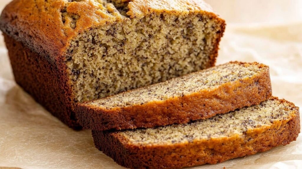 Vertical Image Of Vegan Banana Bread, Showing A Full Loaf And Several Stacked Slices On Beige Parchment Paper, Highlighting Its Moist Interior And Textured Crust.
