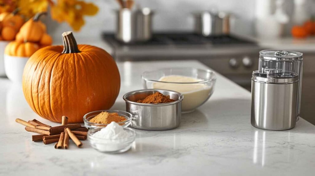 Visualize A Contemporary, Bright Kitchen Scene Showcasing The Fresh Ingredients For Making Pumpkin Pie Recipe