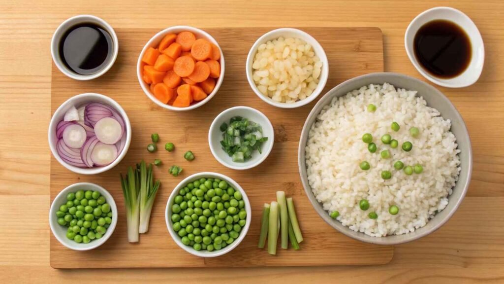 A Beautiful Flat Lay Of Key Ingredients For Benihana Chicken Fried Rice