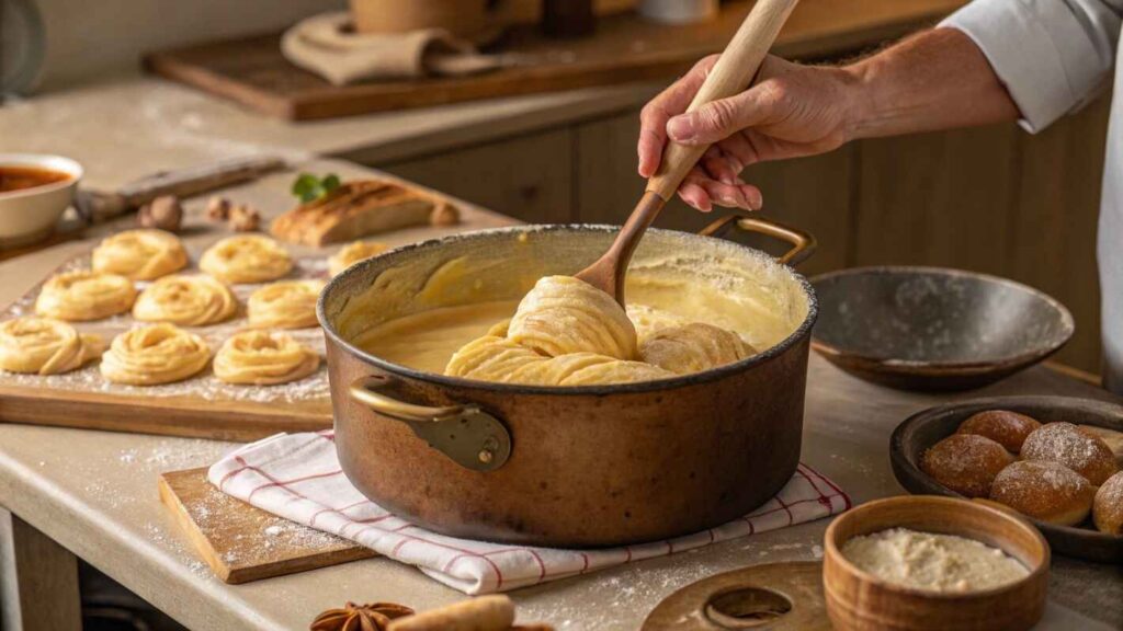 A Chef's Hand Stirring Lobster Tail Pastry Filling Dough In A Large, Rustic Pot