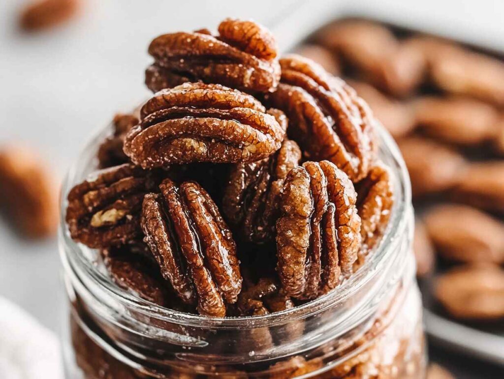 A Glass Jar Filled With Glistening, Caramelized Pecan candy