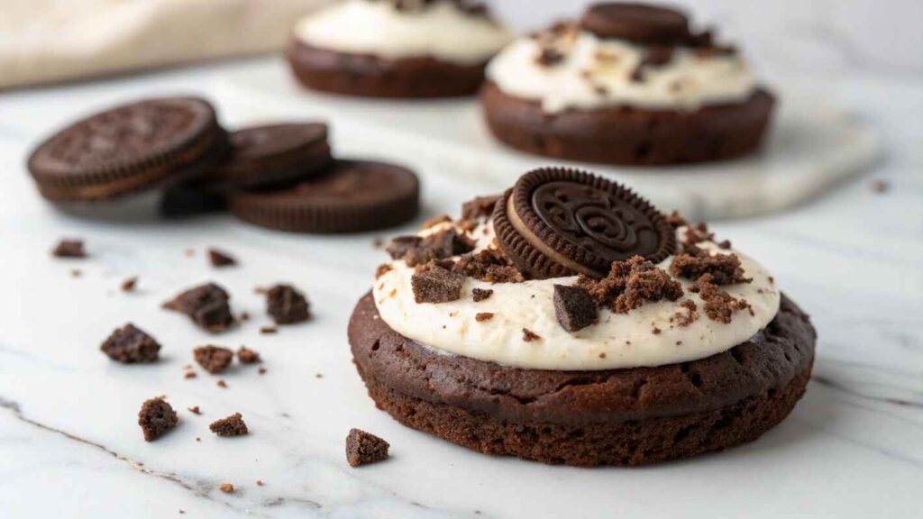 Chocolate Cookies Topped With Creamy White Frosting, Garnished With Crumbled Chocolate Cookie Pieces And A Mini Sandwich Cookie At The Center