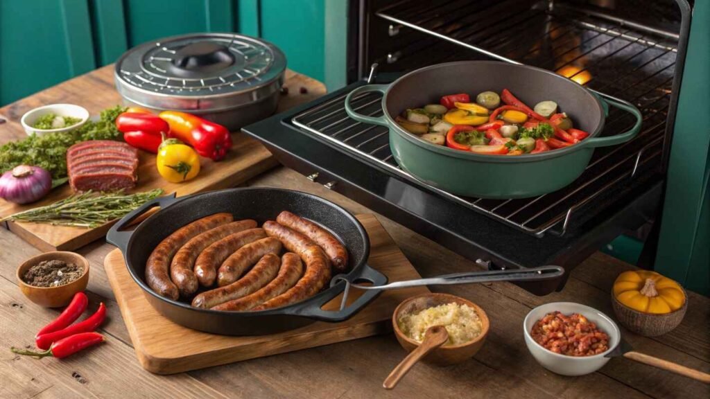 Four Methods Of Cooking Smoked Sausage Grilling Over A Smoky Barbecue, Pan Frying In A Sizzling Skillet, Baking In A Modern Oven, And Slow Cooking In A Pot Surrounded By Vegetables