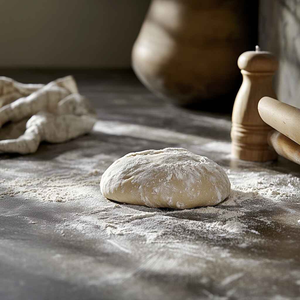 Freshly Made Dough Resting On A Floured Wooden Surface for baked Italian lobster tail pastry