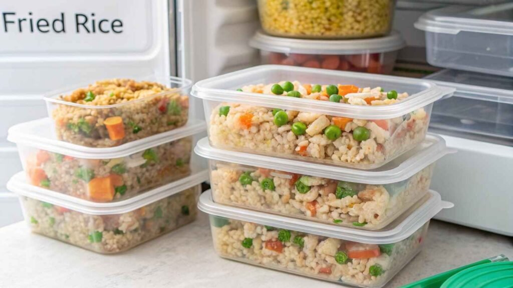 Fried Rice Stored In Airtight, Transparent Containers Ready For Freezing.