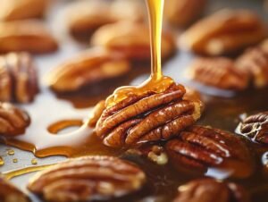 Pecans Candy Golden Caramelized Being Poured From A Skillet Onto A Parchment Lined Baking Tray. The Thick, Glossy Caramel Sauce Drips In Smooth Streams,