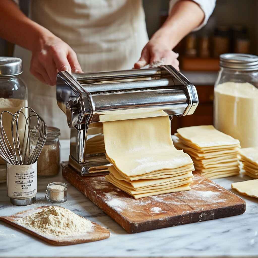 Kitchen Scene With Warm Natural Lighting, Focusing On The Process Of Rolling Dough Through A Gleaming Stainless Steel Pasta Roller. Baked Italian Lobster Tail pastry