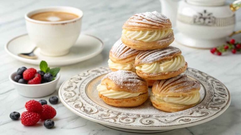 Lobster Tail Pastries Filling Stacked On A Decorative Plate, Dusted With Powdered Sugar. The Pastries Are Golden Brown, Their Flaky Layers Clearly Visible, And A Creamy Filling Slightly Peeking Out.