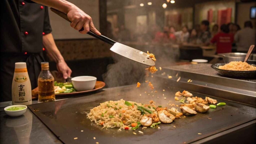 Scene Of A Chef Cooking On A Teppanyaki Grill.