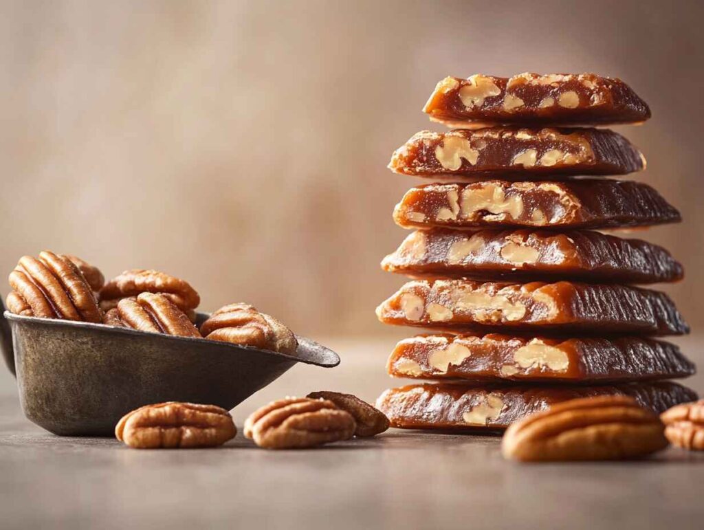 Stack Of Pecan Candy, Rich In Caramelized Texture And A Golden Brown Hue. To The Left, A Rustic Metal Scoop Overflows With Fresh, Glistening Pecans