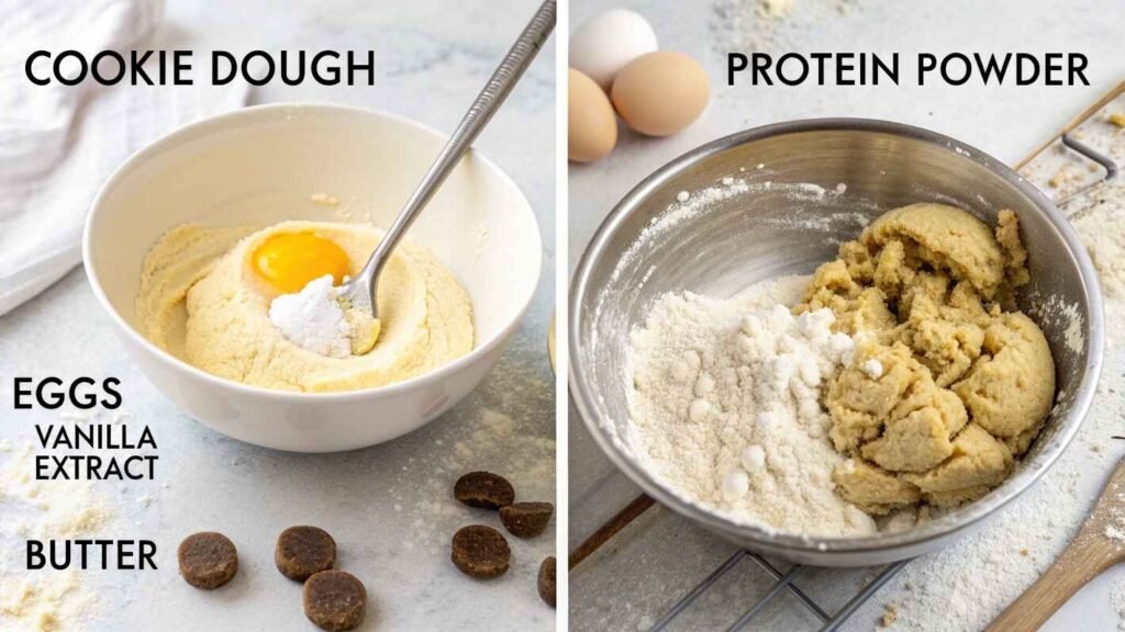The Cookie Dough Preparation Process On The Left, Dough Being Mixed With Flour, And On The Right, Dough Being Mixed With Protein Powder.