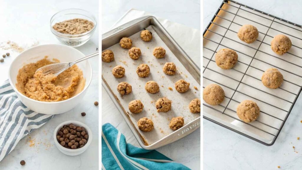 Three Frames Showing The Step By Step Process Of Making Protein Cookie Recipe