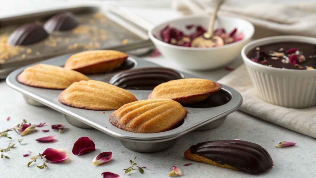 A Batch Of Elegant Madeleine Cookies Recipe, Half Coated In Glossy Dark Chocolate, Resting On A Metallic Madeleine Baking Tray.