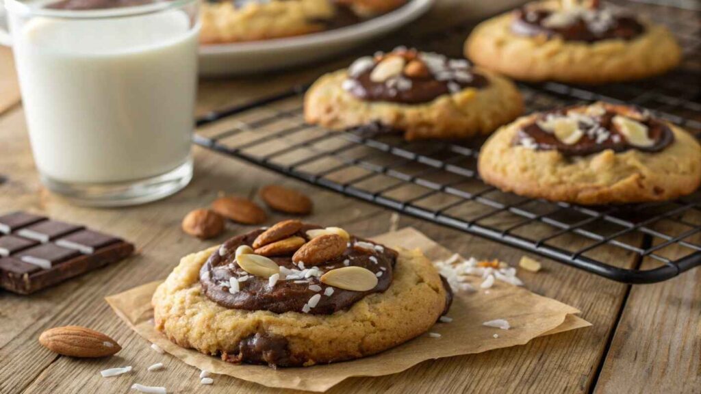 A Batch Of Freshly Baked Almond Joy Cookies Displayed On A Rustic Wooden Table, Their Golden Edges Perfectly Crisp.
