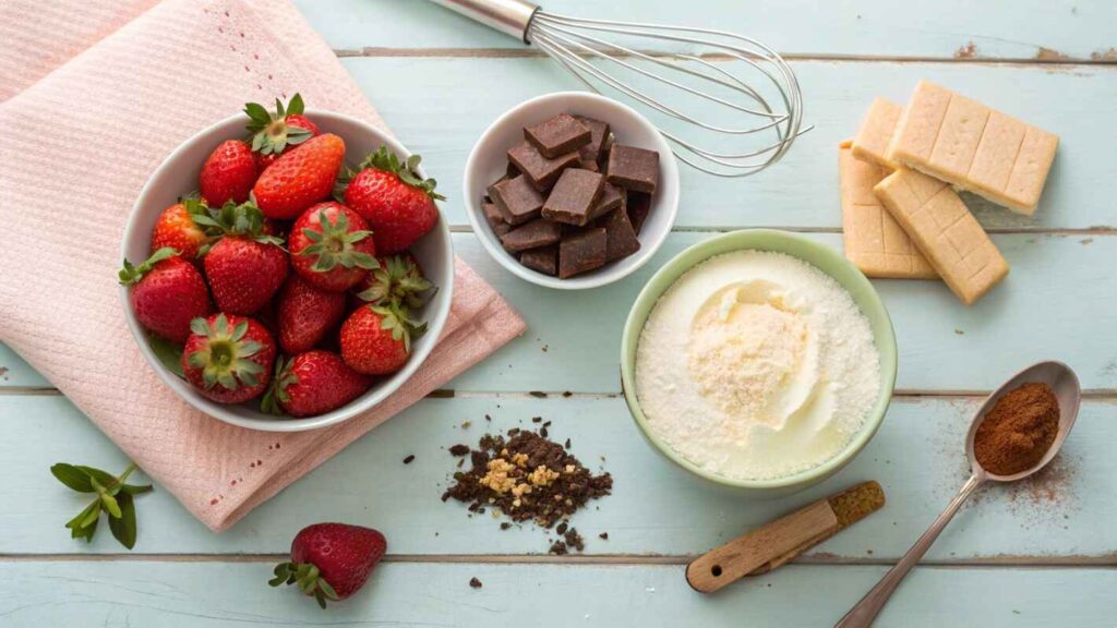 A Beautifully Arranged Flat Lay Of Fresh Ingredients For Making Cheesecake Deviled Strawberries.