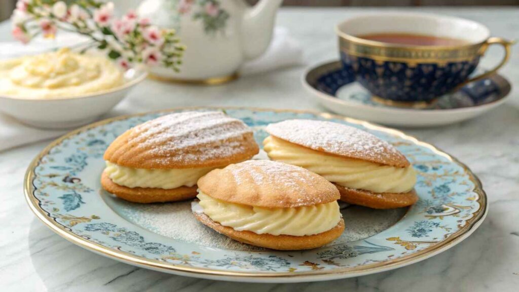 A Beautifully Arranged Plate Of Madeline Cookies Recipe Sandwich, Each Featuring Two Golden Brown Madeleine Shells Filled With A Generous Layer Of Creamy Vanilla Buttercream.