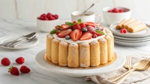 A Beautifully Crafted Charlotte Style Cake, Elegantly Lined With Golden Brown Madeleine Cookies Recipe, Creating A Delicate And Sophisticated Outer Layer.