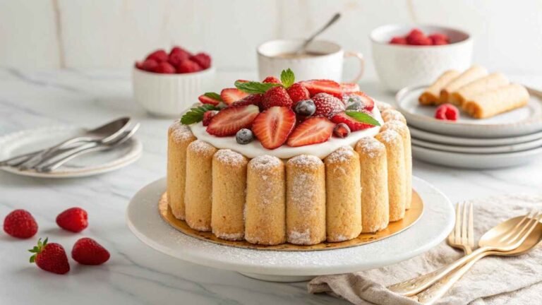 A Beautifully Crafted Charlotte Style Cake, Elegantly Lined With Golden Brown Madeleine Cookies Recipe, Creating A Delicate And Sophisticated Outer Layer.