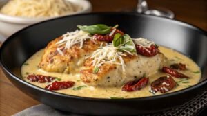A Beautifully Plated Marry Me Chicken recipe Served In A Sleek, Black Bowl