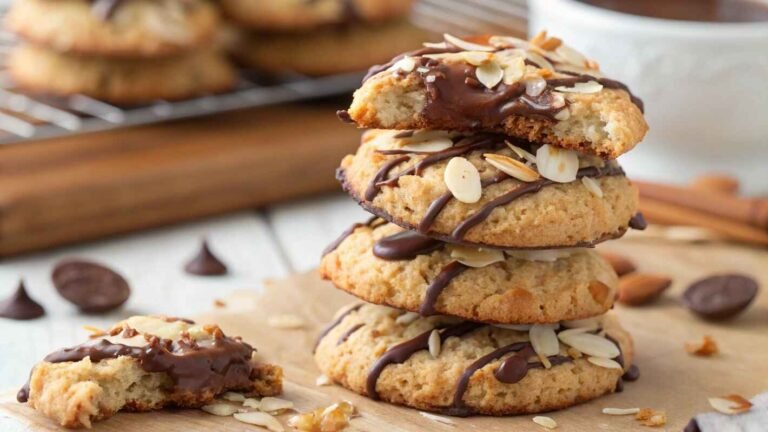 A Beautifully Stacked Pile Of Almond Joy Cookies, Each Topped With A Drizzle Of Rich, Glossy Chocolate